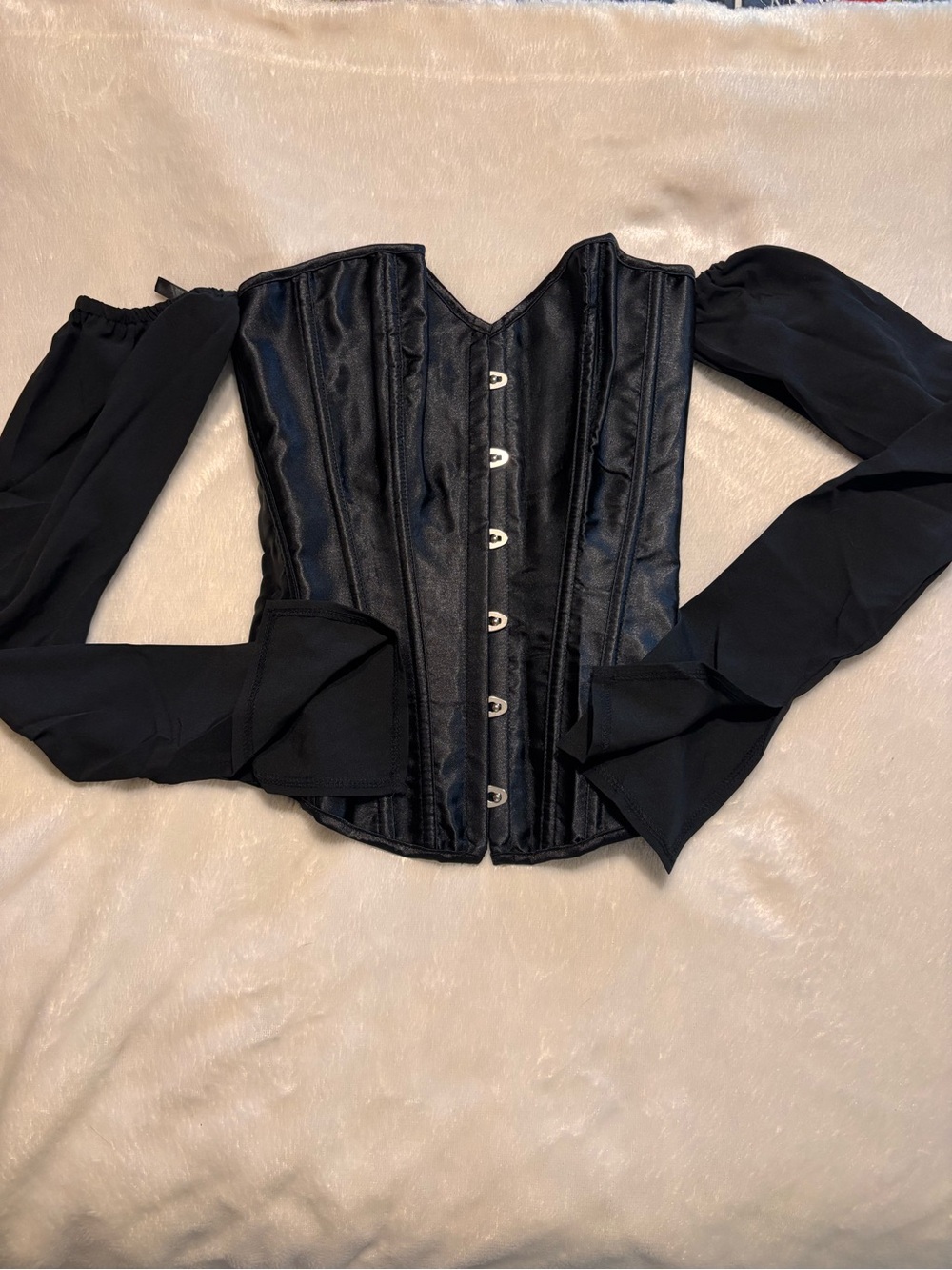 Womens hook and eye overbust corset top poet sleeves black S